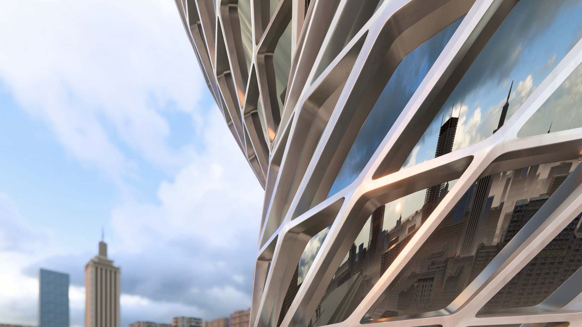 Architekturvisualisierung einer gekrümmten Hochhausfassade mit Spiegelung - Lumion