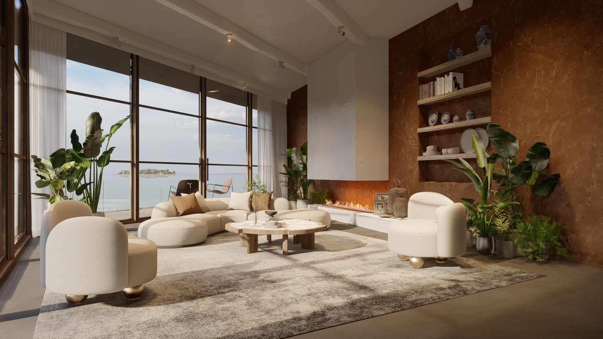 Innenraum-Rendering Wohnzimmer mit futuristischen Möbeln