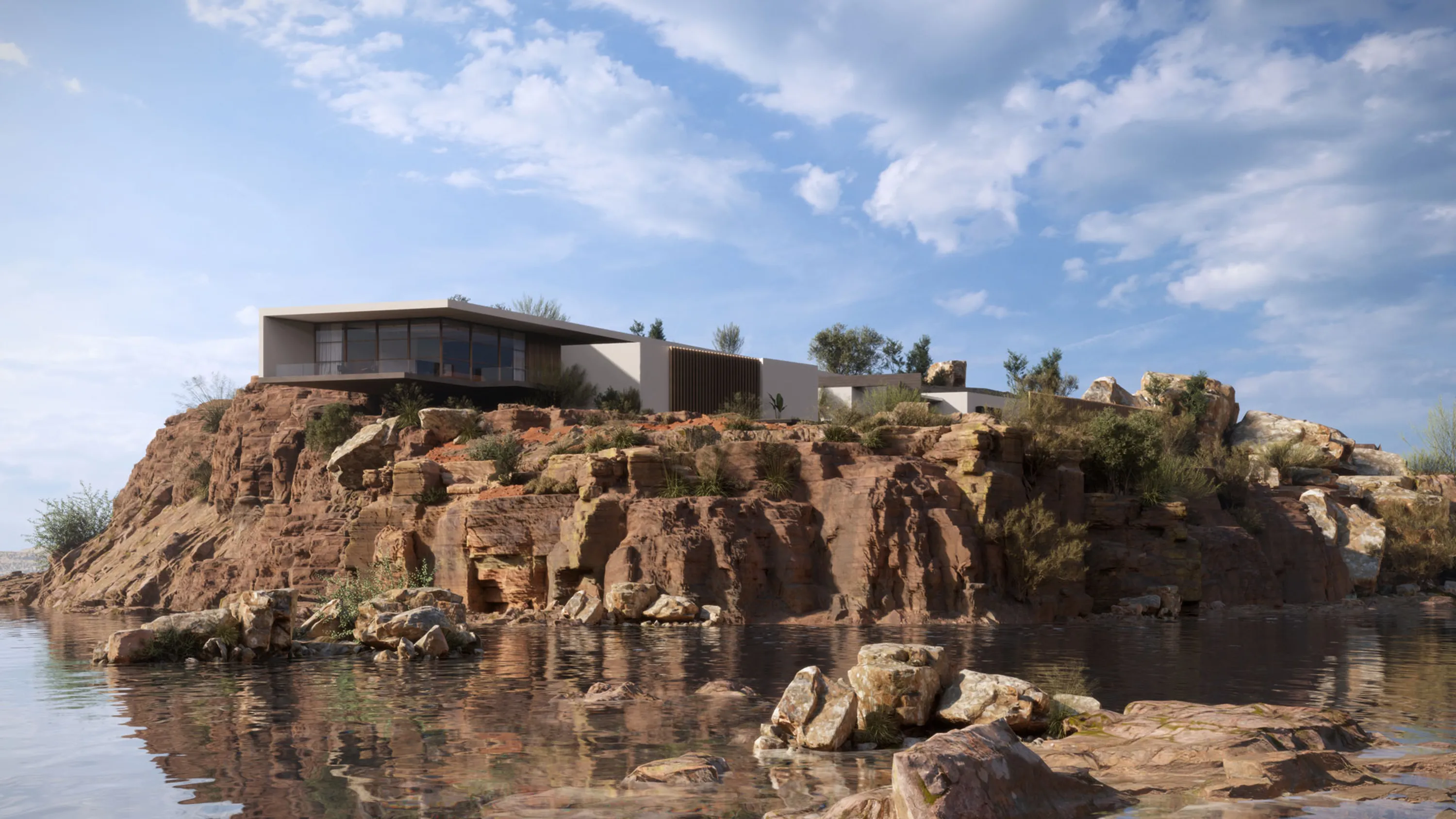 Lumion-Rendering: Modernes Cliffside-Residenz-Projekt mit Panoramablick auf den Ozean