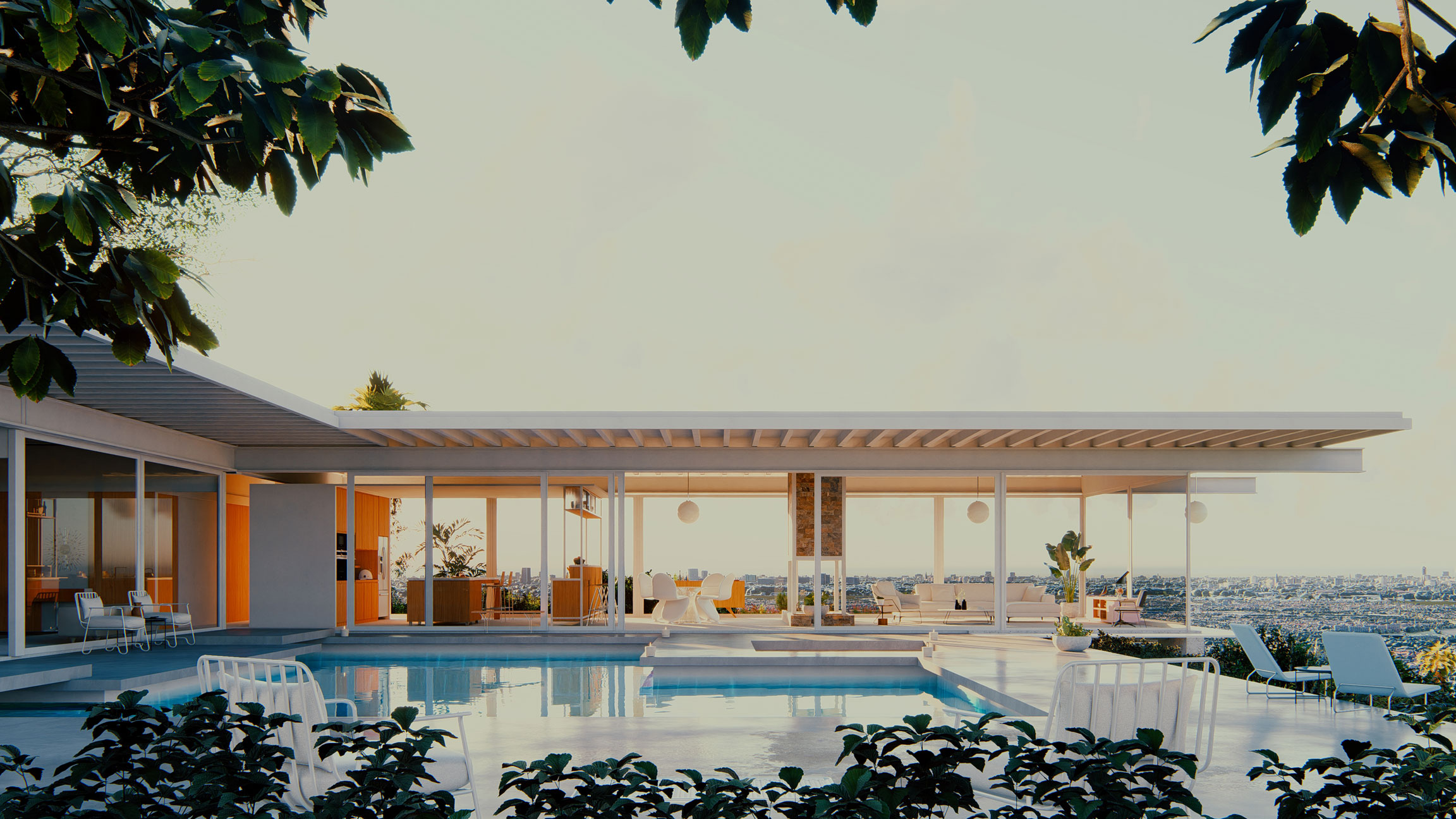 Stahlhaus - Außenansicht am Morgen mit Blick auf den Pool und das Poolhaus
