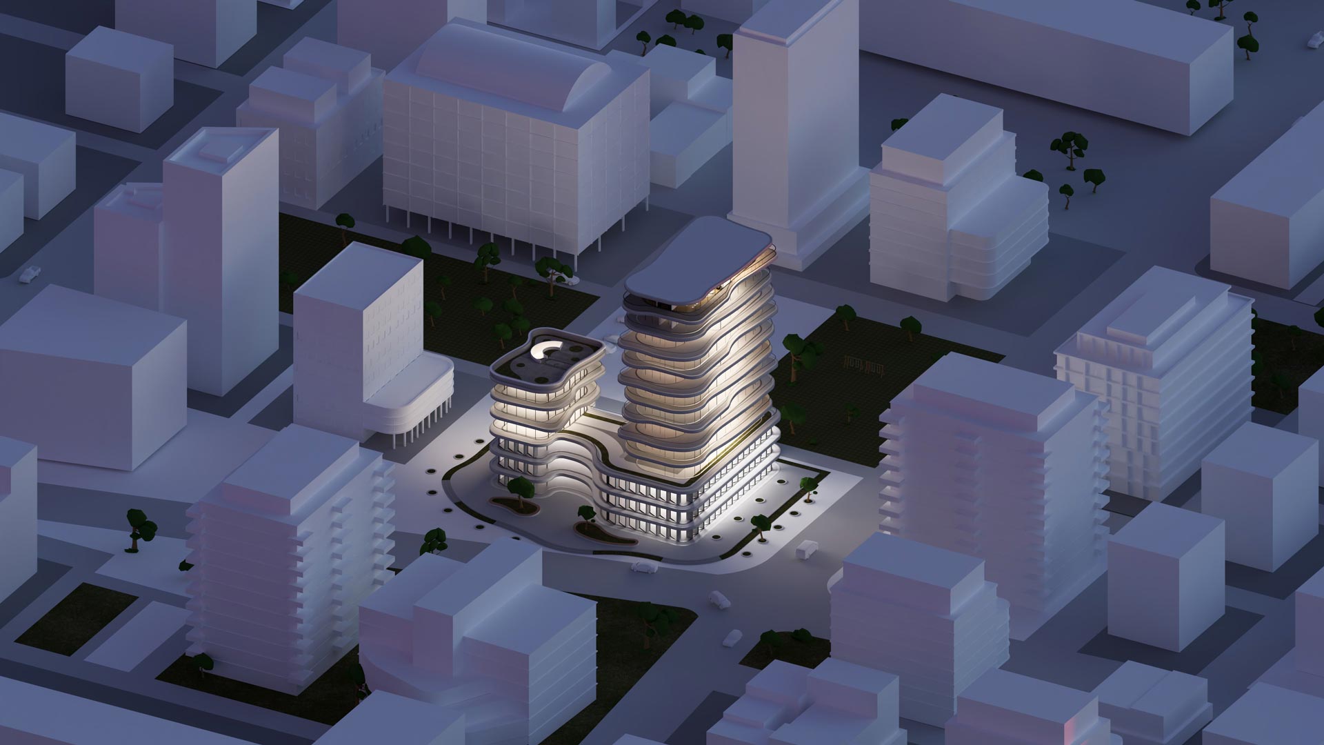 Modell einer Stadt mit einem detaillierten Gebäude