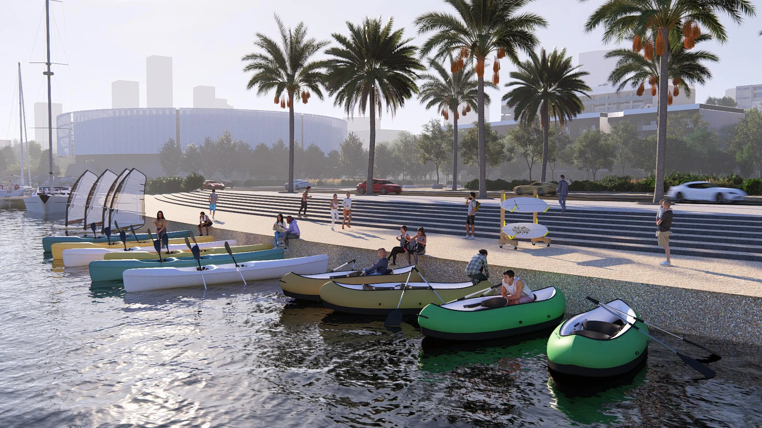 Verwandeln Sie jede Uferlandschaft in ein lebendiges Zentrum der Aktivität mit naturgetreuer Windsurf-, Kajak- und Surfausrüstung. Weiche Schatten