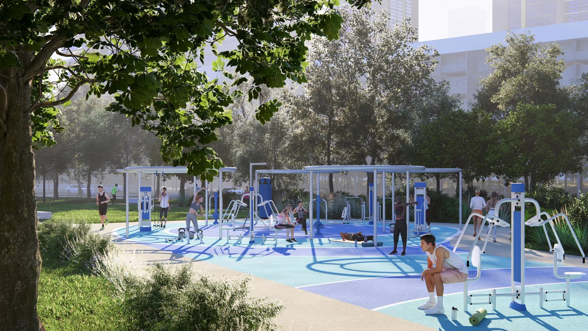 Bauen Sie Outdoor-Turnhallen mit qualitativ hochwertigen Barren, Bänken und Fitnessgeräten. Weiche Schatten