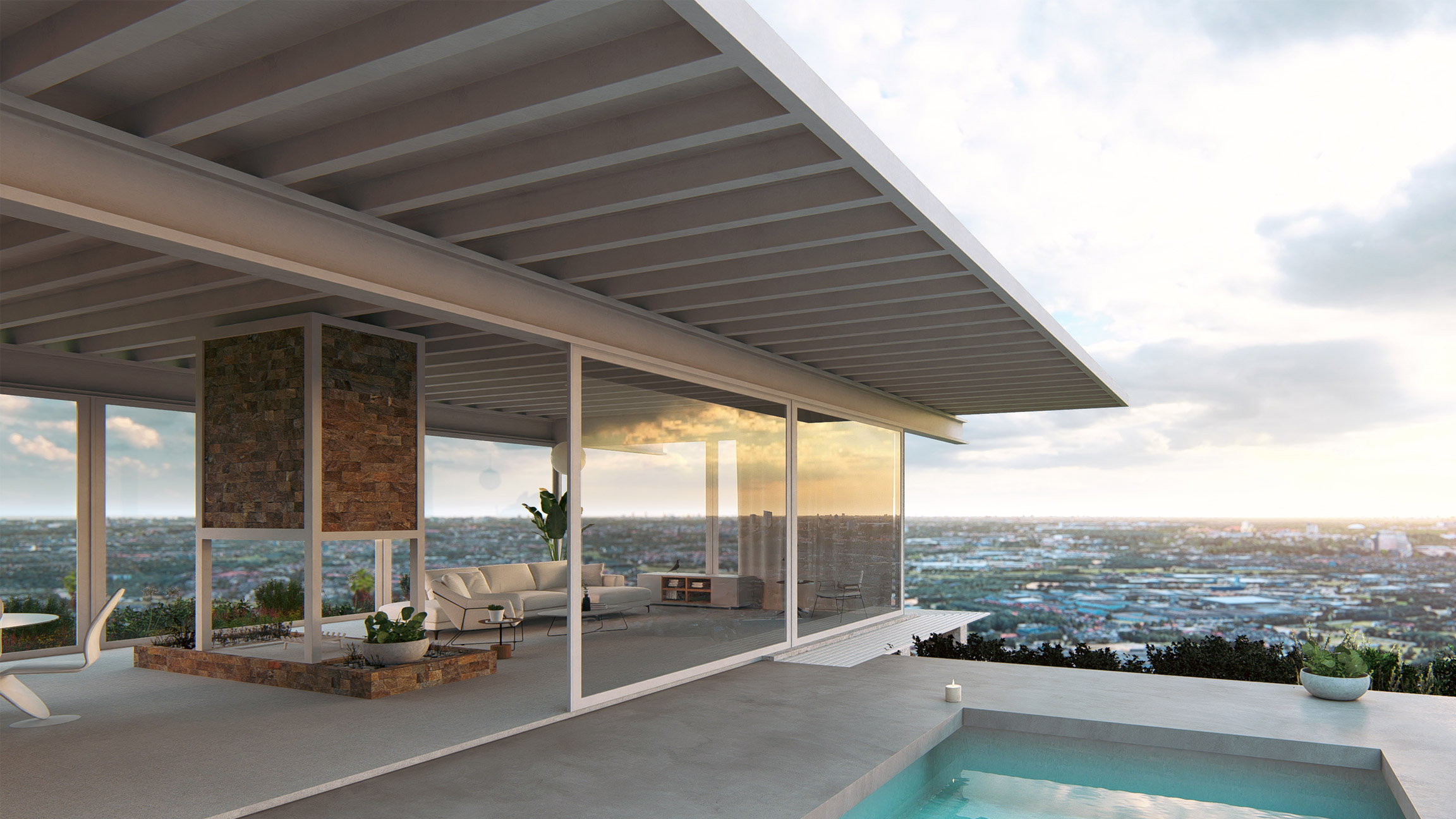 Architekturrendering Haus auf den Klippen im Sonnenuntergang Stahlhaus-Pool-Darstellung