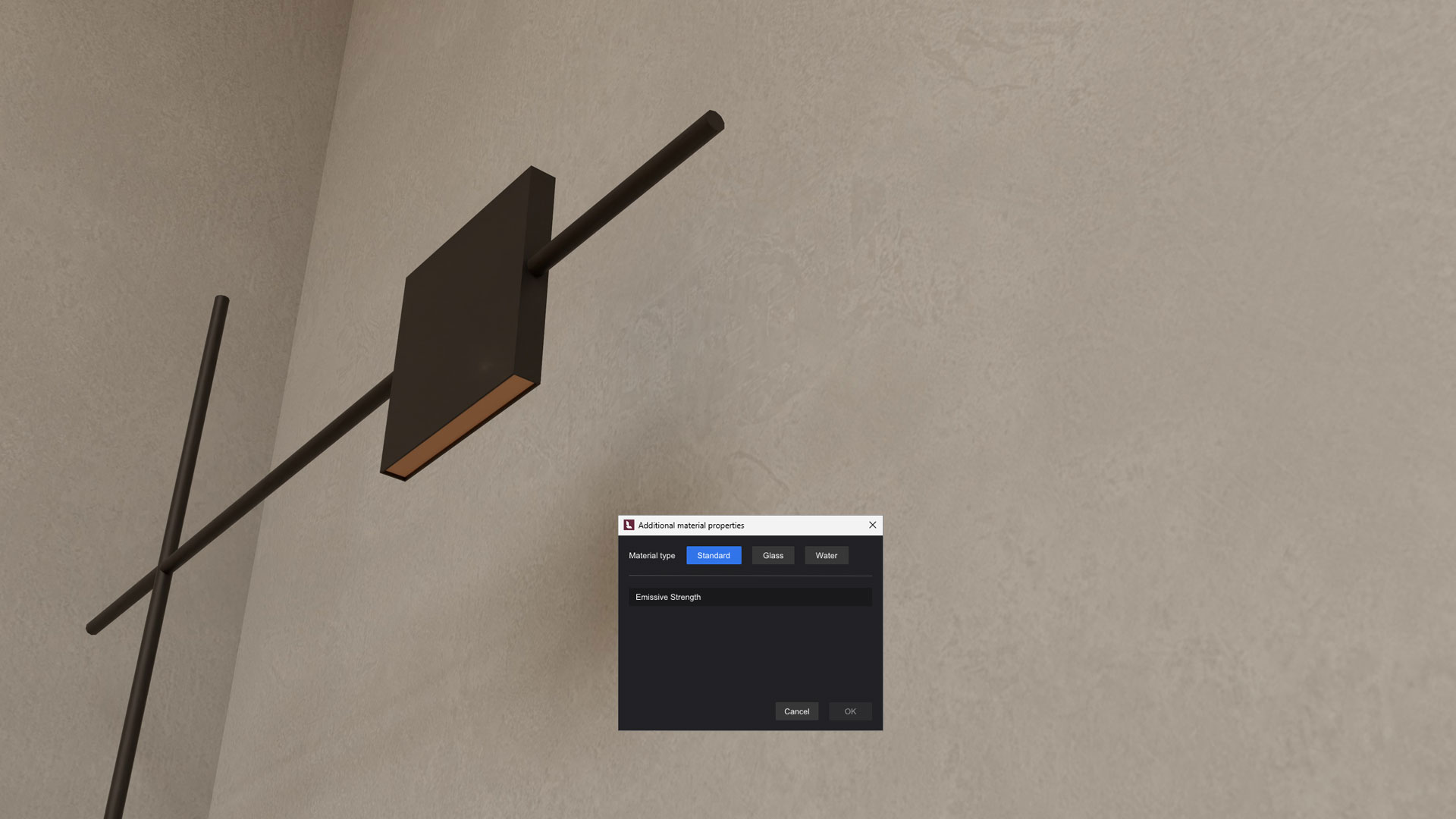 Steuern Sie die Lichtmenge, die Ihre Materialien abgeben, mit dem Schieberegler für die Strahlungsstärke. Weisen Sie in Ihrer Modellierungssoftware eine Farbe zu, um den Farbton des Lichts zu beeinflussen. Weiche Schatten