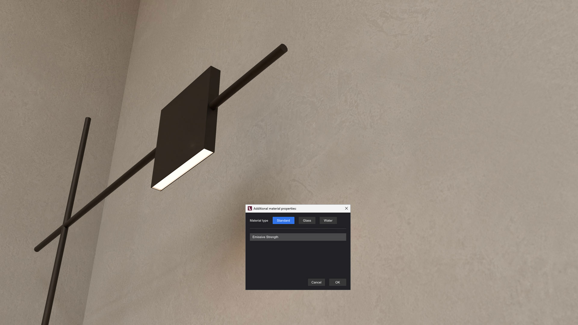 Steuern Sie die Lichtmenge, die Ihre Materialien abgeben, mit dem Schieberegler für die Strahlungsstärke. Weisen Sie in Ihrer Modellierungssoftware eine Farbe zu, um den Farbton des Lichts zu beeinflussen. Weiche Schatten