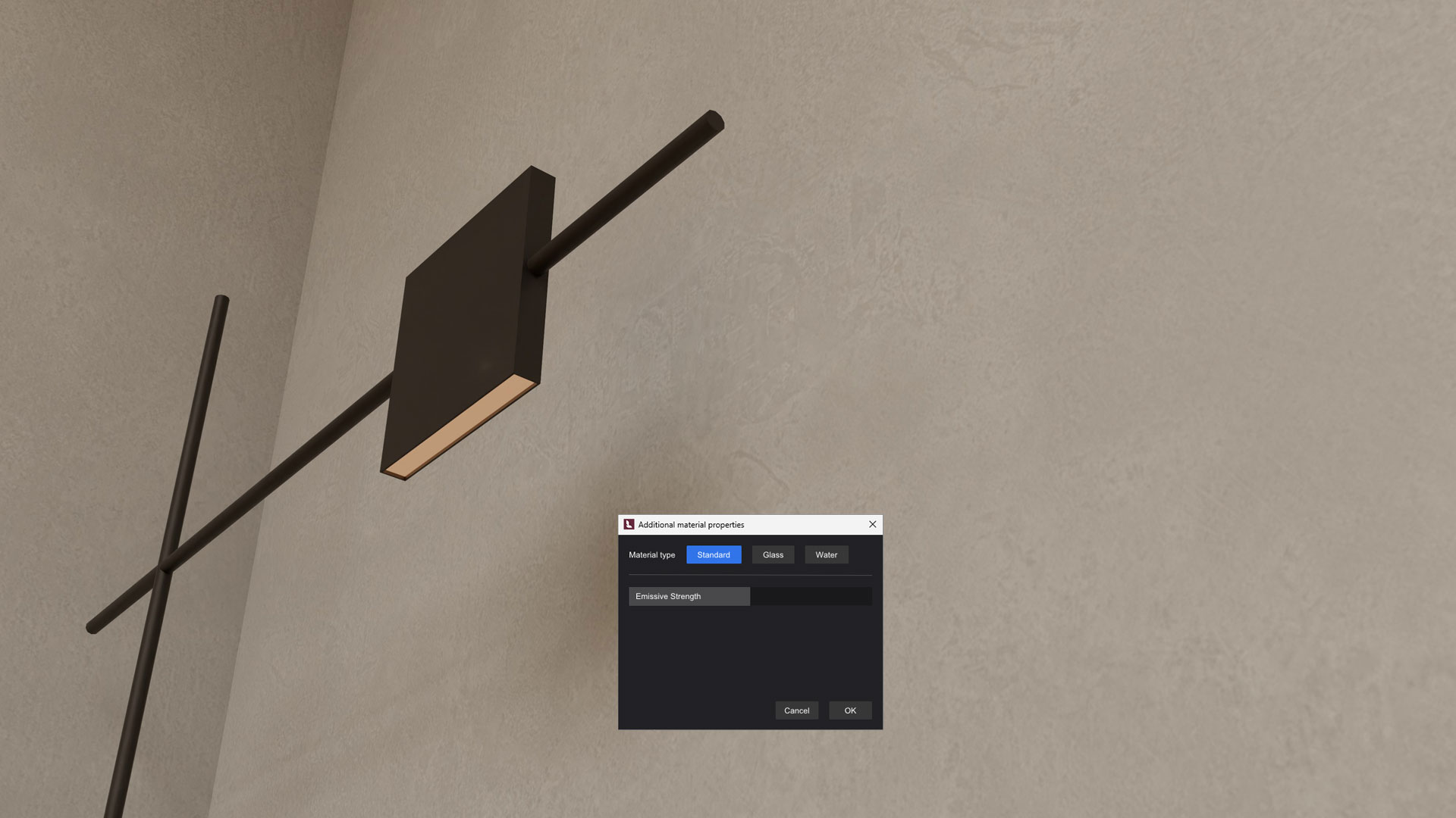 Steuern Sie die Lichtmenge, die Ihre Materialien abgeben, mit dem Schieberegler für die Strahlungsstärke. Weisen Sie in Ihrer Modellierungssoftware eine Farbe zu, um den Farbton des Lichts zu beeinflussen. Weiche Schatten