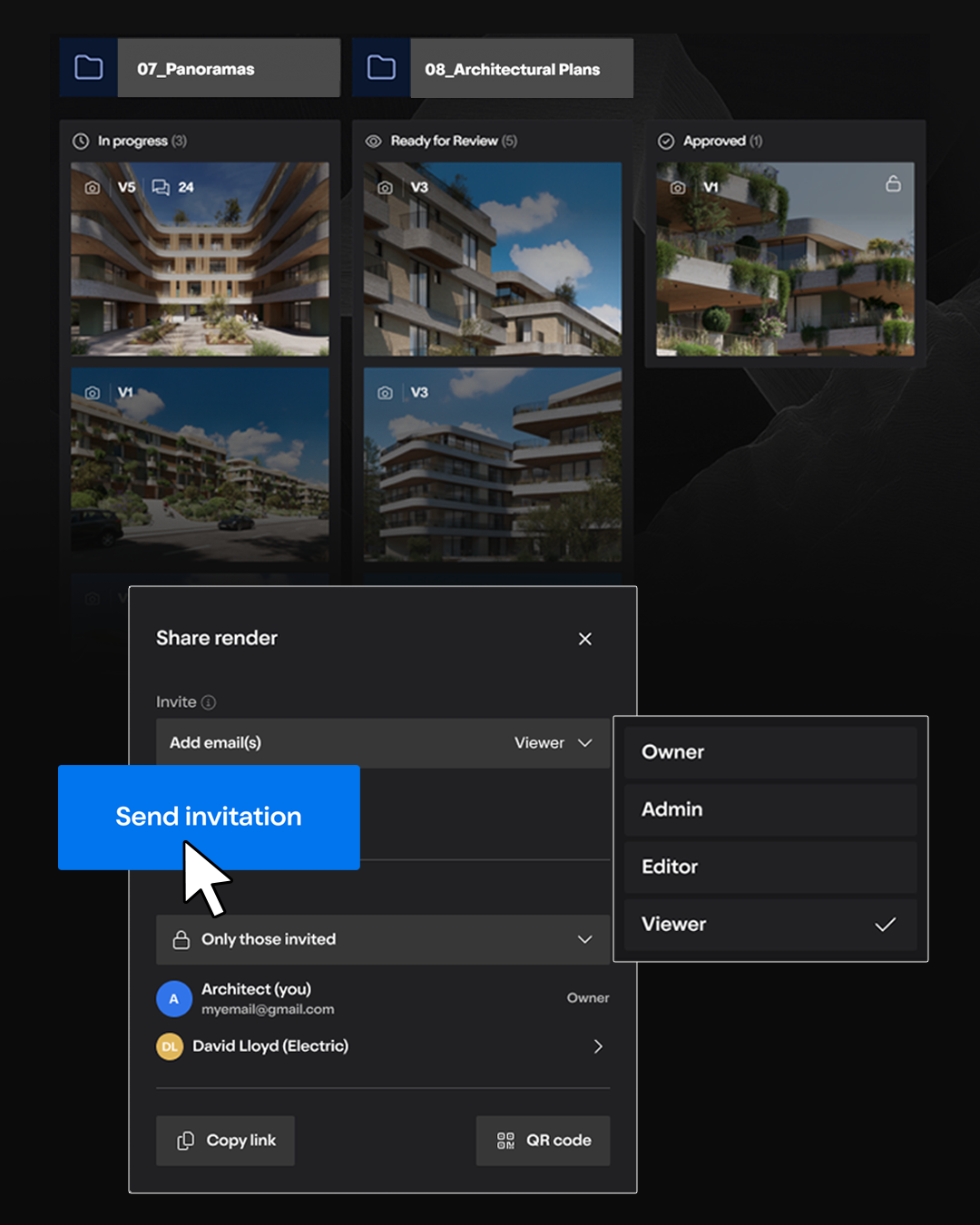 Lumion Cloud Architektur Rendering teilen Einladung per Link oder QR-Code für Team und Kunden
