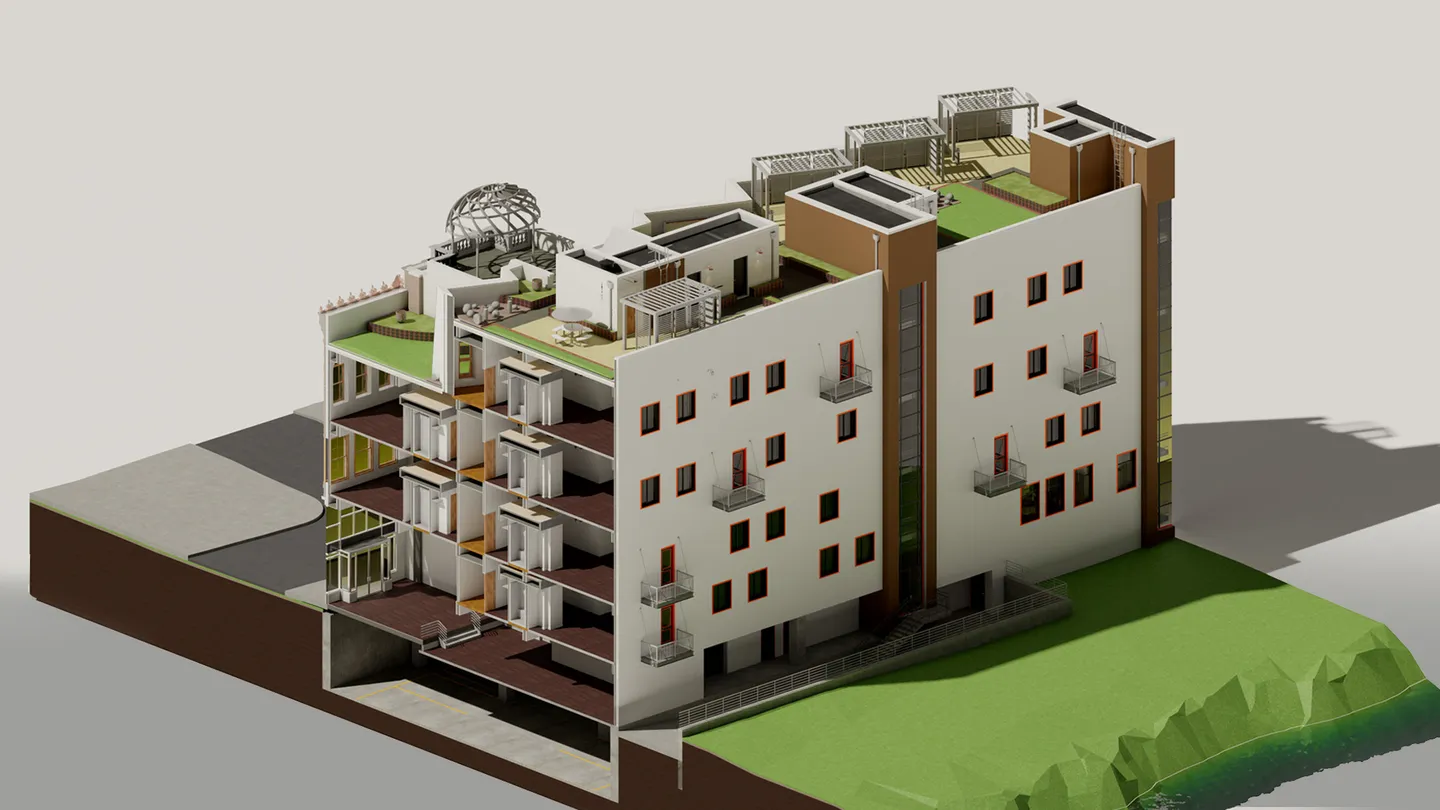 Axonometrische 3D-Ansicht eines Gebäudemodells in Revit.