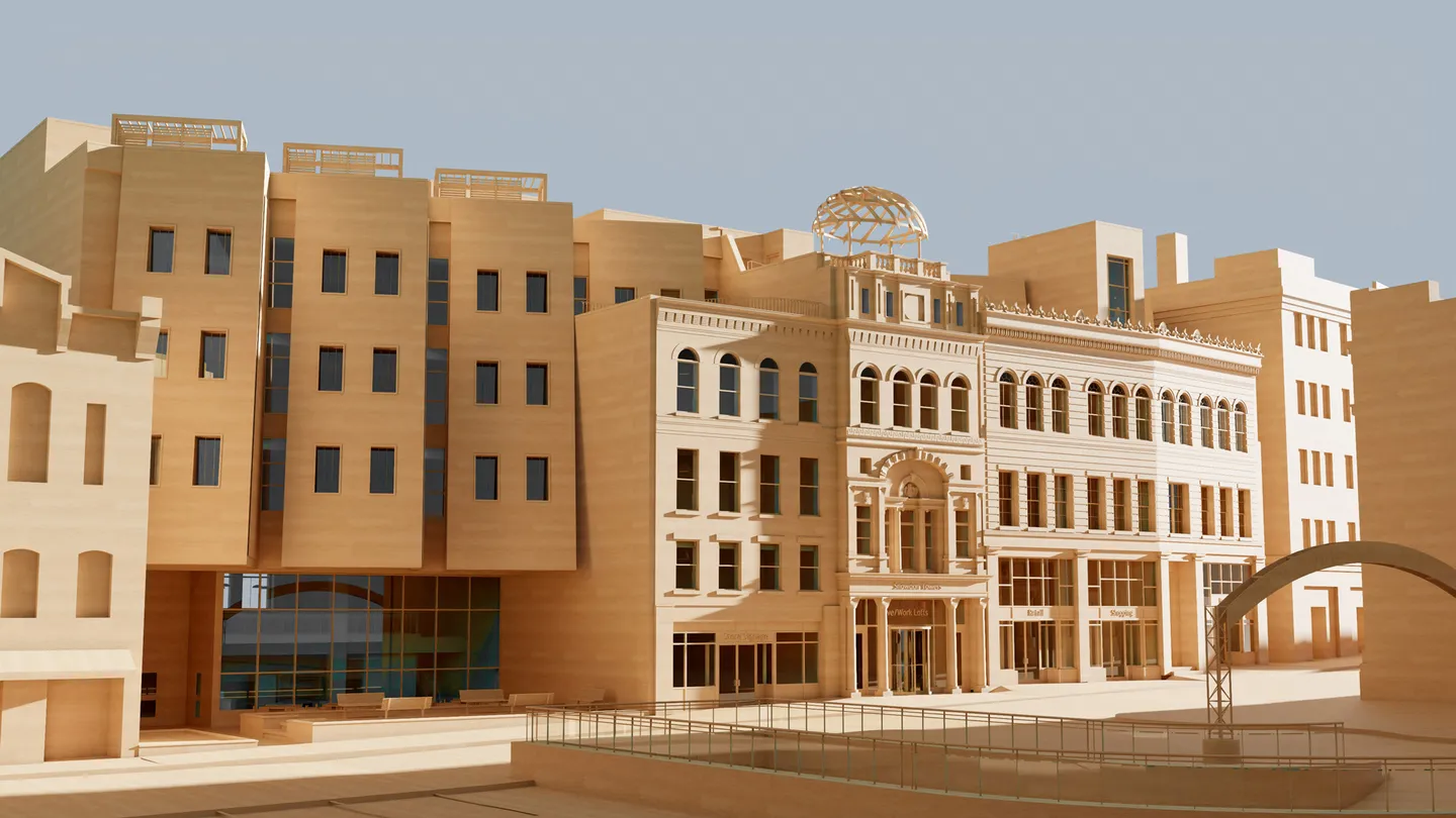 3D-Visualisierung eines mehrstöckigen Holzgebäudes in Berglandschaft.