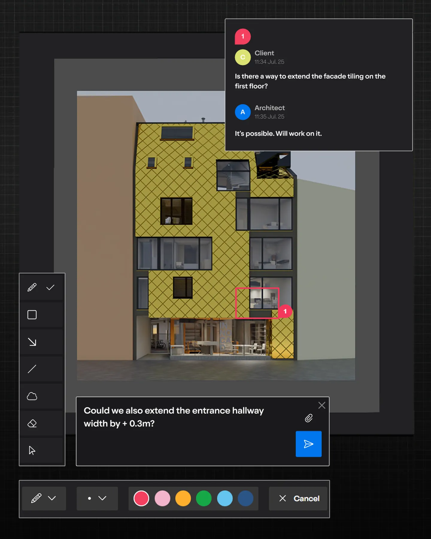 Feedback-Ansicht eines Gebäudemodells in der Revit-Cloud.