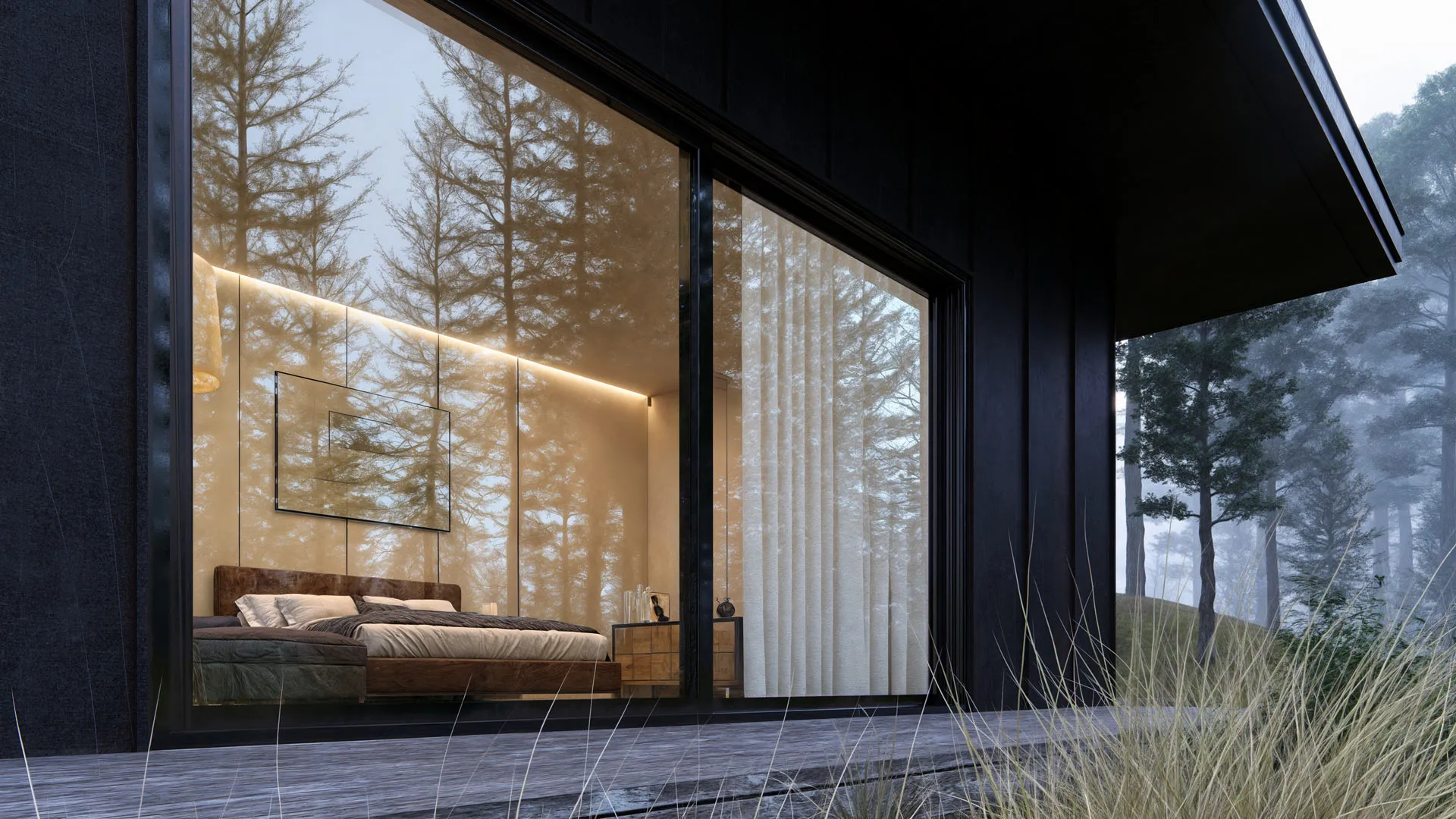 Außenperspektive auf Zimmer mit Licht und Terrasse
