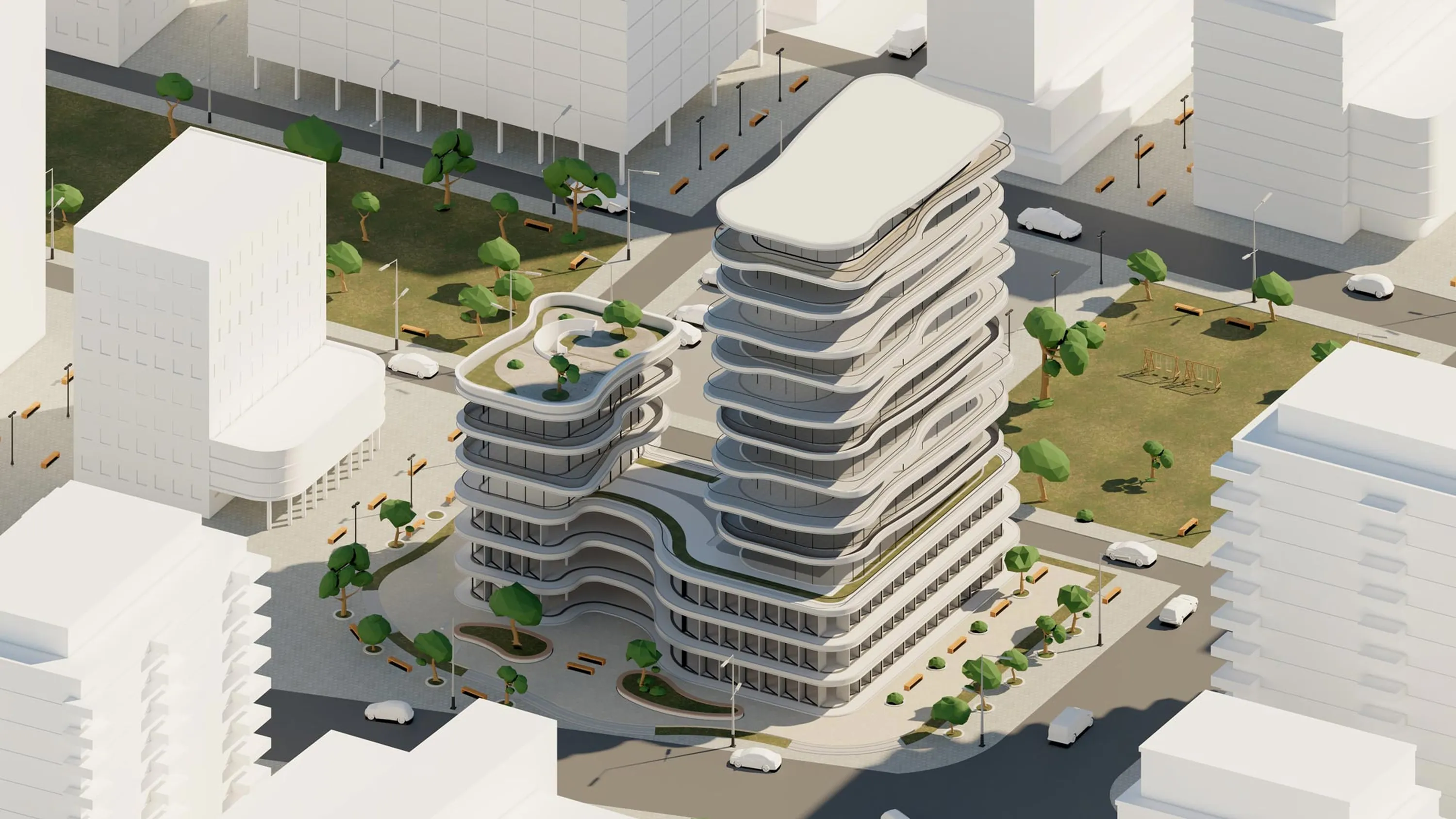 Vogelperspektive eines geschwungenen Gebäudes - Rendered in Lumion View for SketchUp