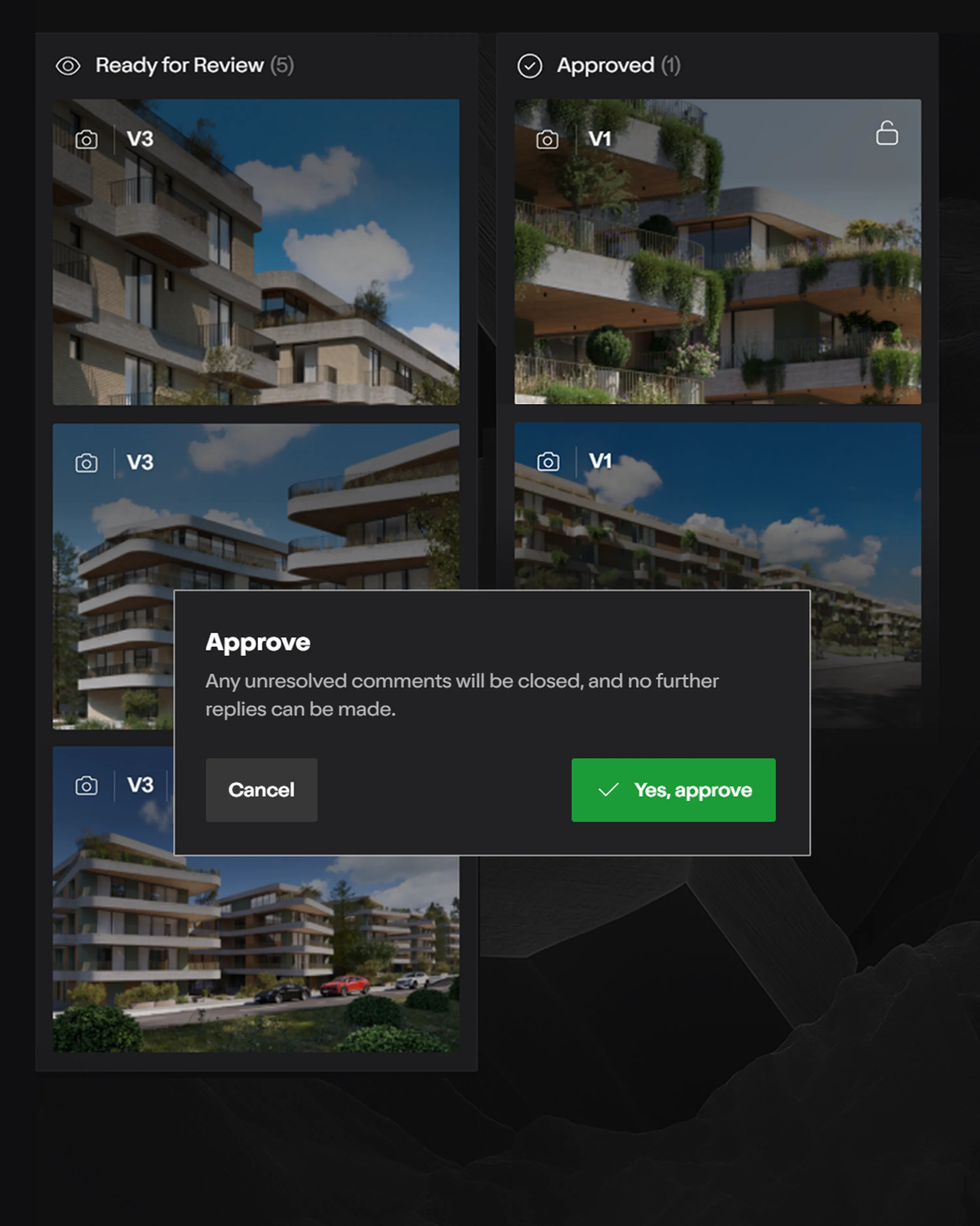 Schaltfläche zum Review und Genehmigen von Renderings