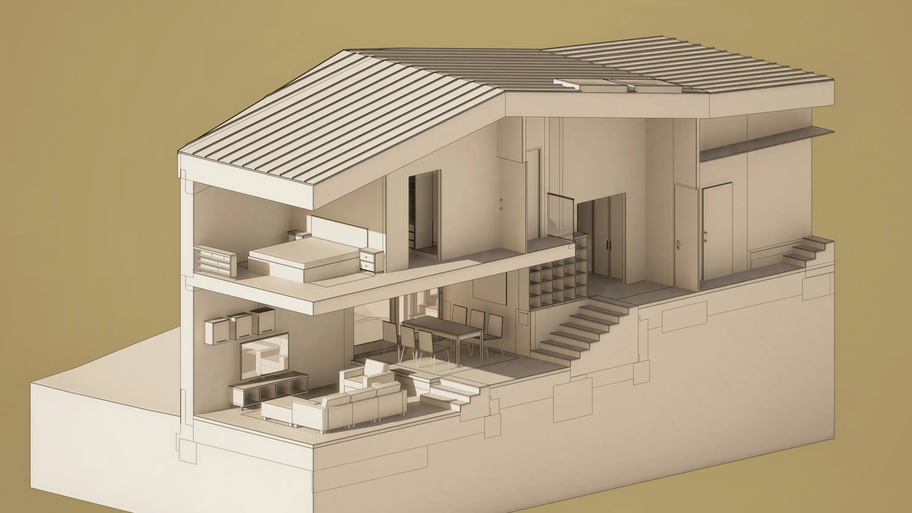 3D-Visualisierung eines mehrstöckigen Holzgebäudes in Berglandschaft.