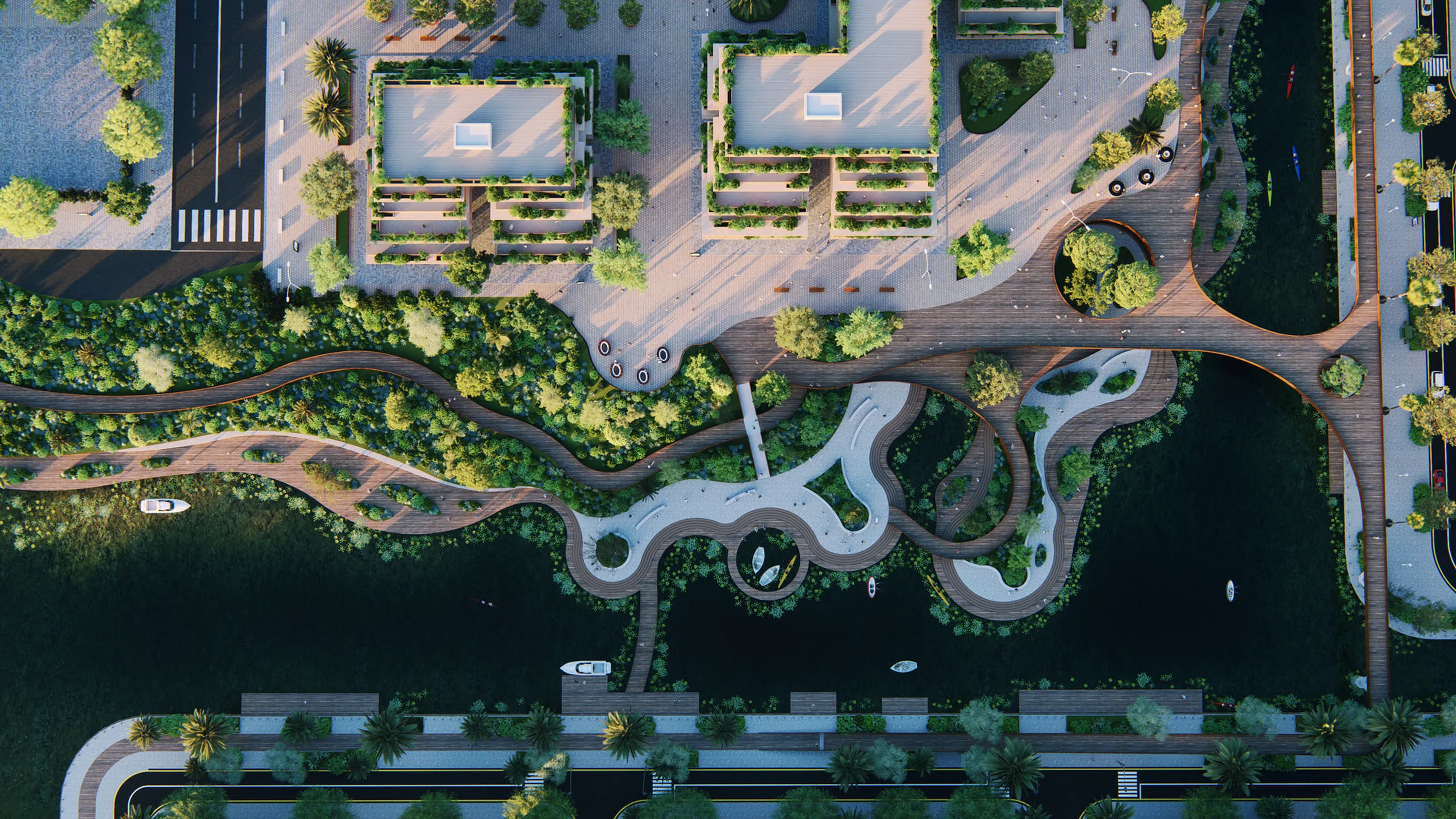 Top‑Down‑Ansicht eines Mehrfamilienwohnensembles