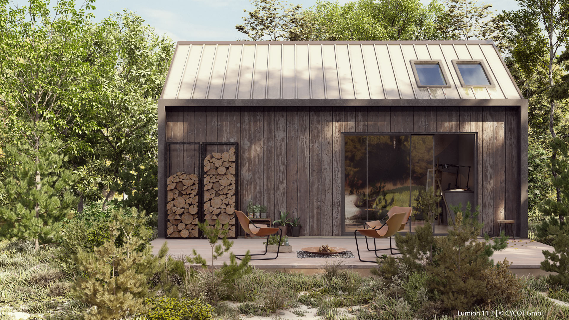 Moderne Waldhütte, gerendert in Lumion 11.3 © CYCOT GmbH Moderne Waldhütte, gerendert in Lumion 11.3 © CYCOT GmbH