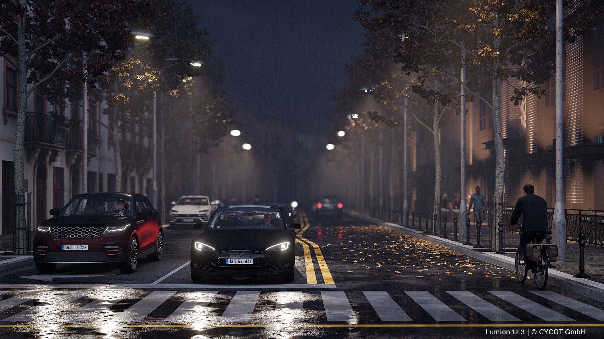 Downtown-Szene bei Nacht und Regen, gerendert in Lumion 12.3 © CYCOT GmbH