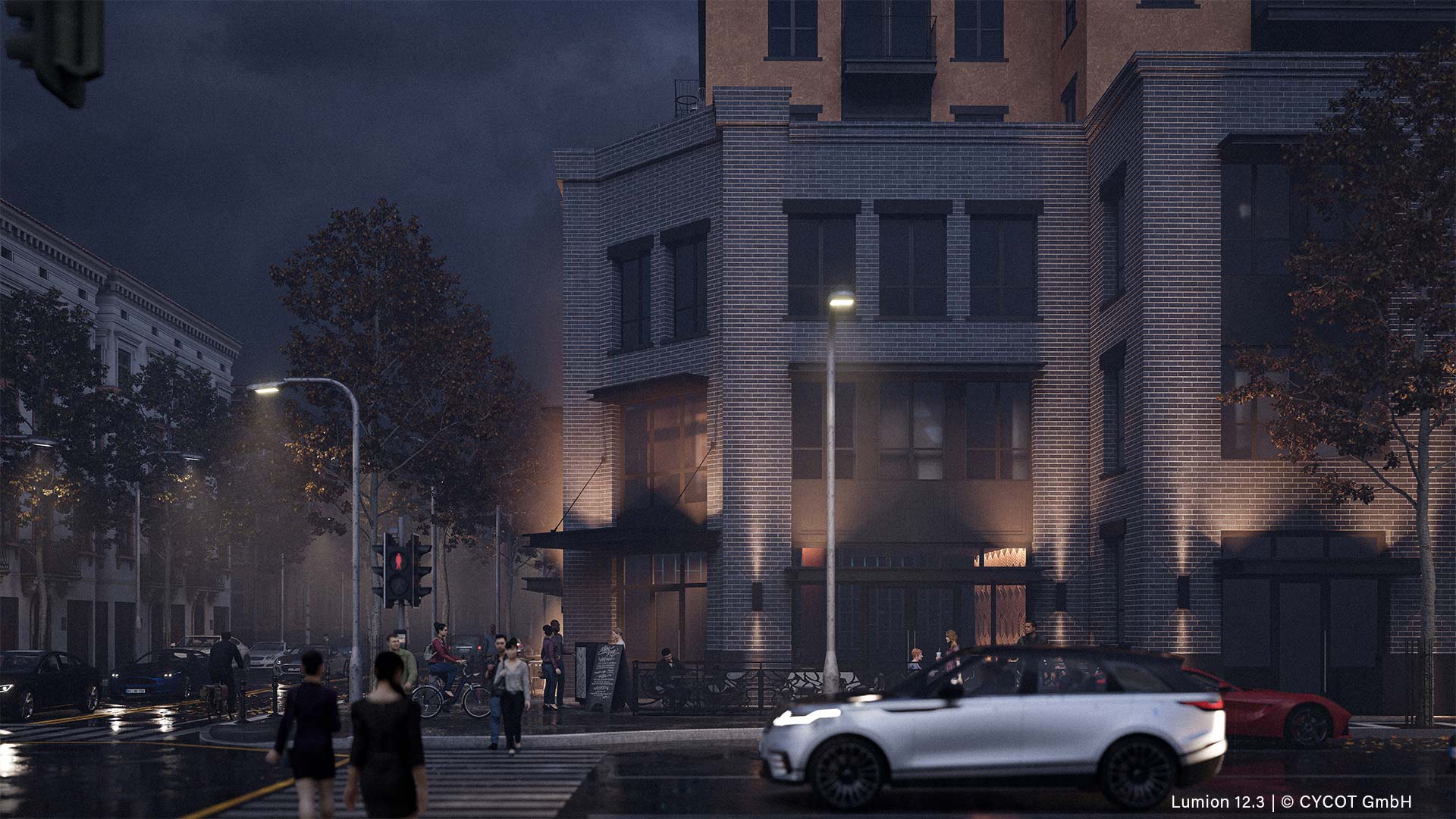 Downtown-Szene mit Volumetrischen Spotlights, gerendert in Lumion 12.3 © CYCOT GmbH Downtown-Szene mit Volumetrischen Spotlights, gerendert in Lumion 12.3 © CYCOT GmbH