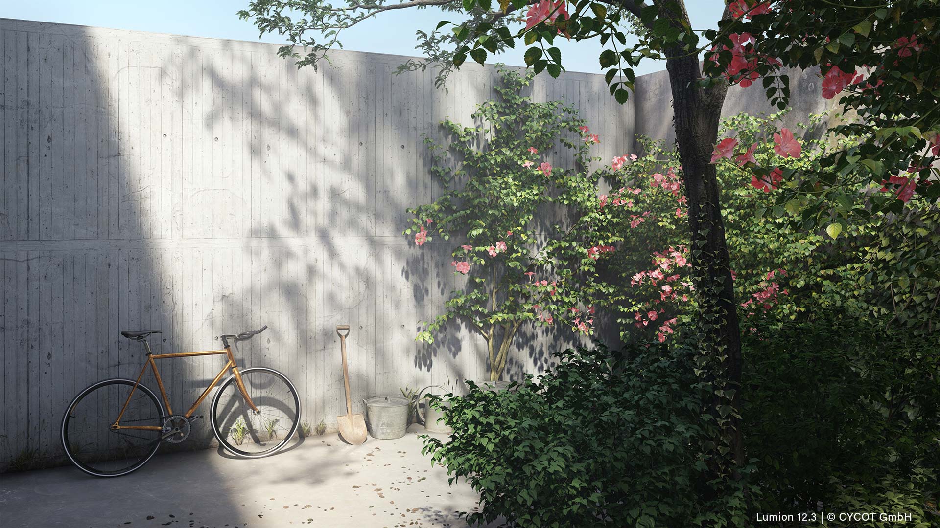 Garten mit Fahrrad, gerendert in Lumion 12.3 © CYCOT GmbH Garten mit Fahrrad, gerendert in Lumion 12.3 © CYCOT GmbH