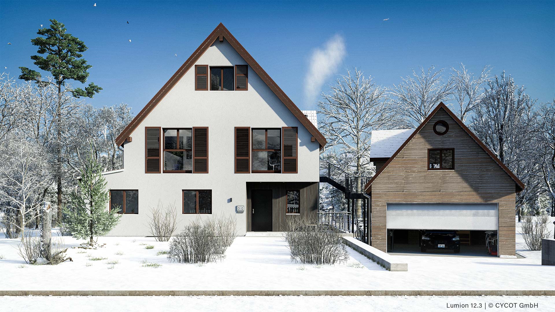 Haus Jörgens Frontal Winter, gerendert in Lumion 12.3 © CYCOT GmbH Haus Jörgens Frontal Winter, gerendert in Lumion 12.3 © CYCOT GmbH