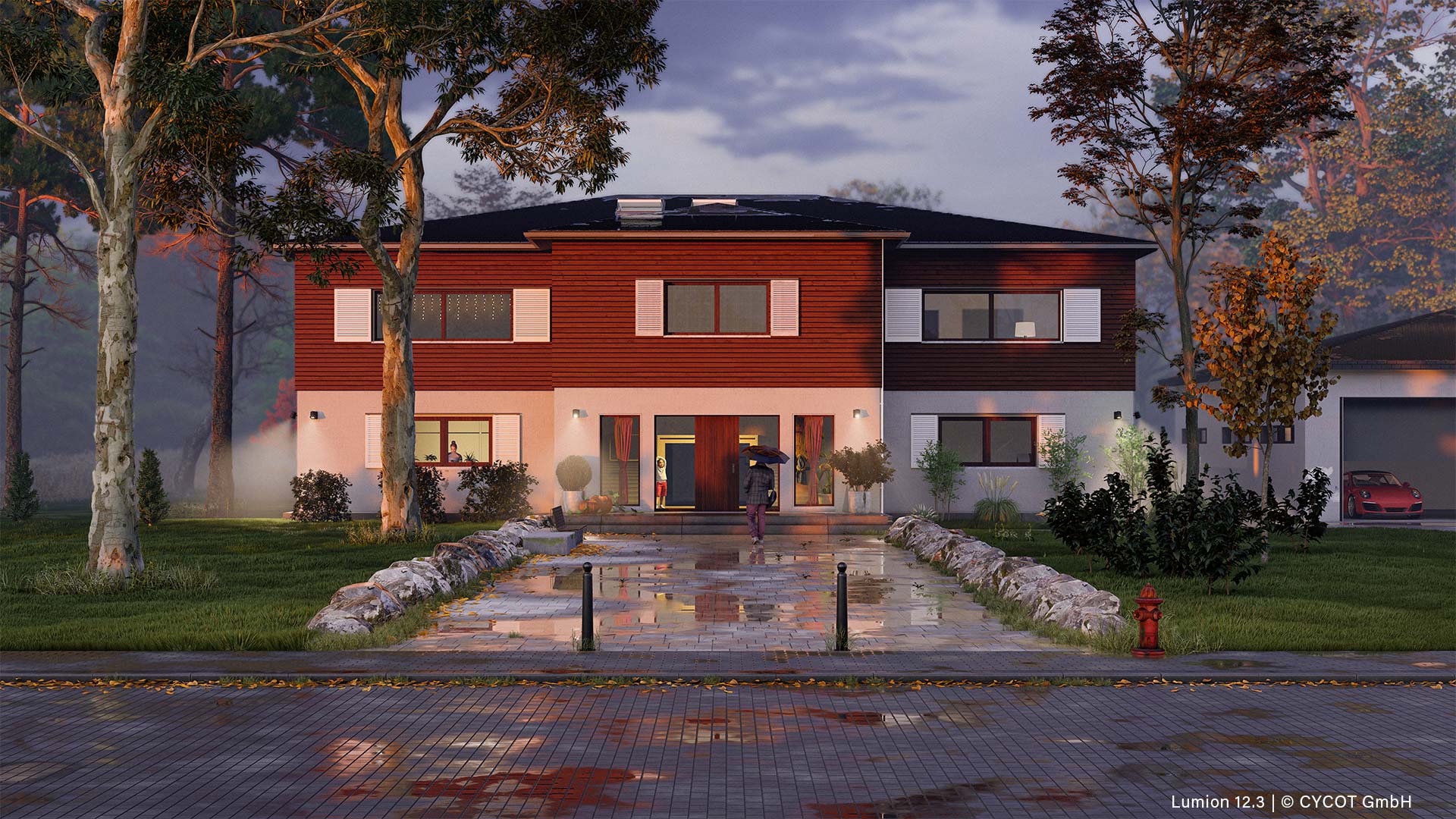 Hello Allplan Haus verregneter Abend, gerendert in Lumion 12.3 © CYCOT GmbH Hello Allplan Haus verregneter Abend, gerendert in Lumion 12.3 © CYCOT GmbH
