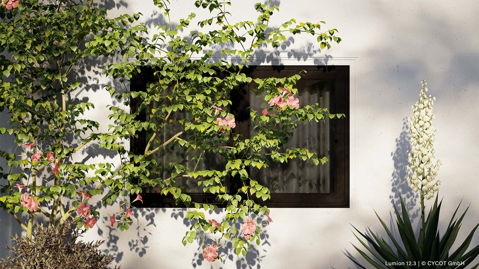 Hibiskus vor dem Fenster, gerendert in Lumion 12.3 © CYCOT GmbH Hibiskus vor dem Fenster, gerendert in Lumion 12.3 © CYCOT GmbH