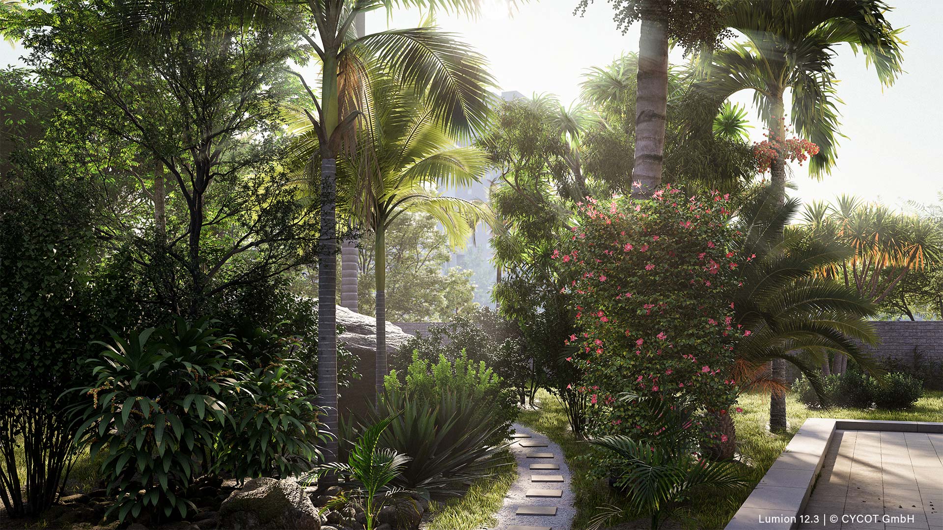 Tropengarten, gerendert in Lumion 12.3 © CYCOT GmbH Tropengarten, gerendert in Lumion 12.3 © CYCOT GmbH