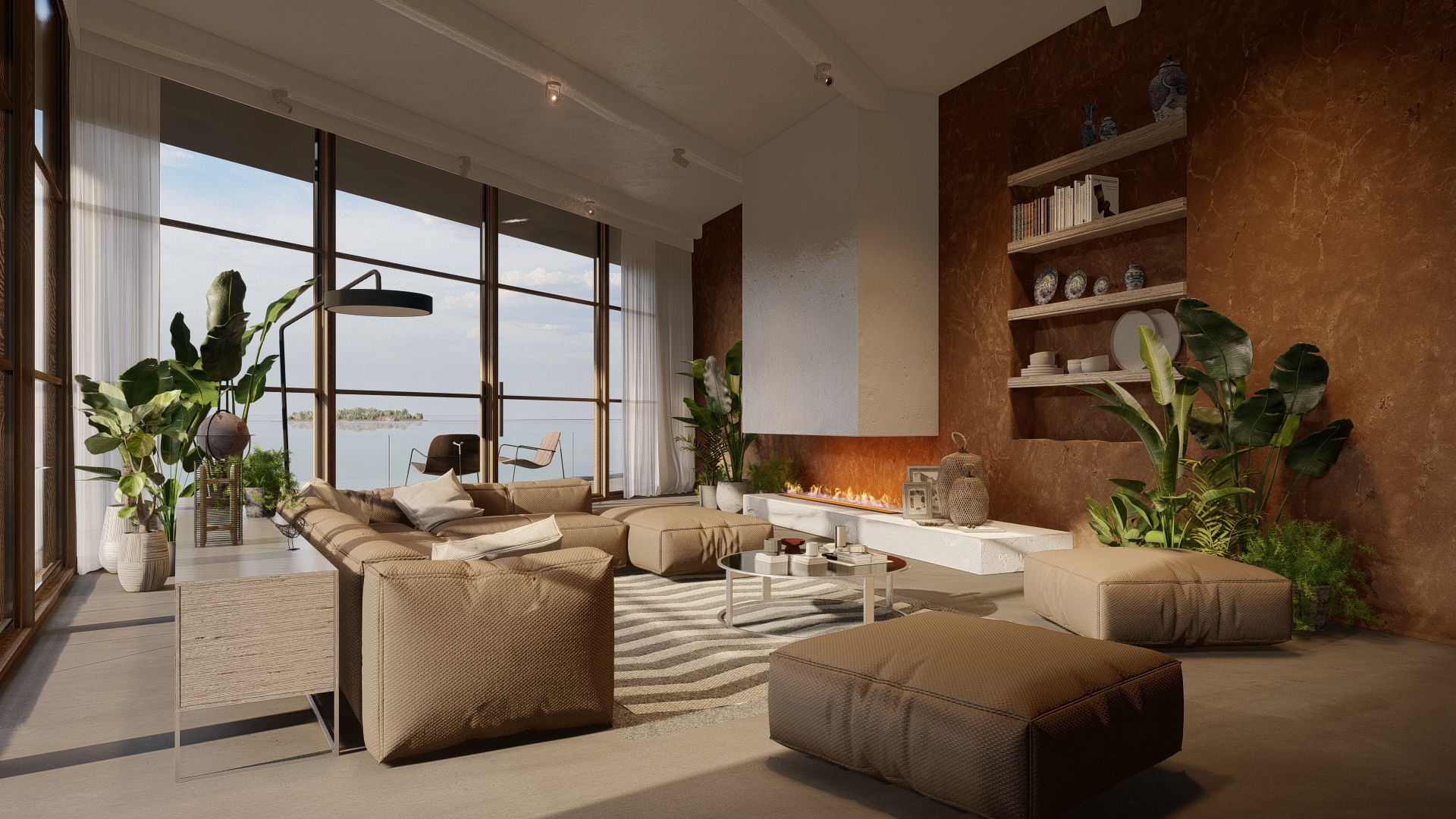 Innenrendering Wohnzimmer mit modernen Möbeln, gerendert in Lumion 2023 © Act 3D