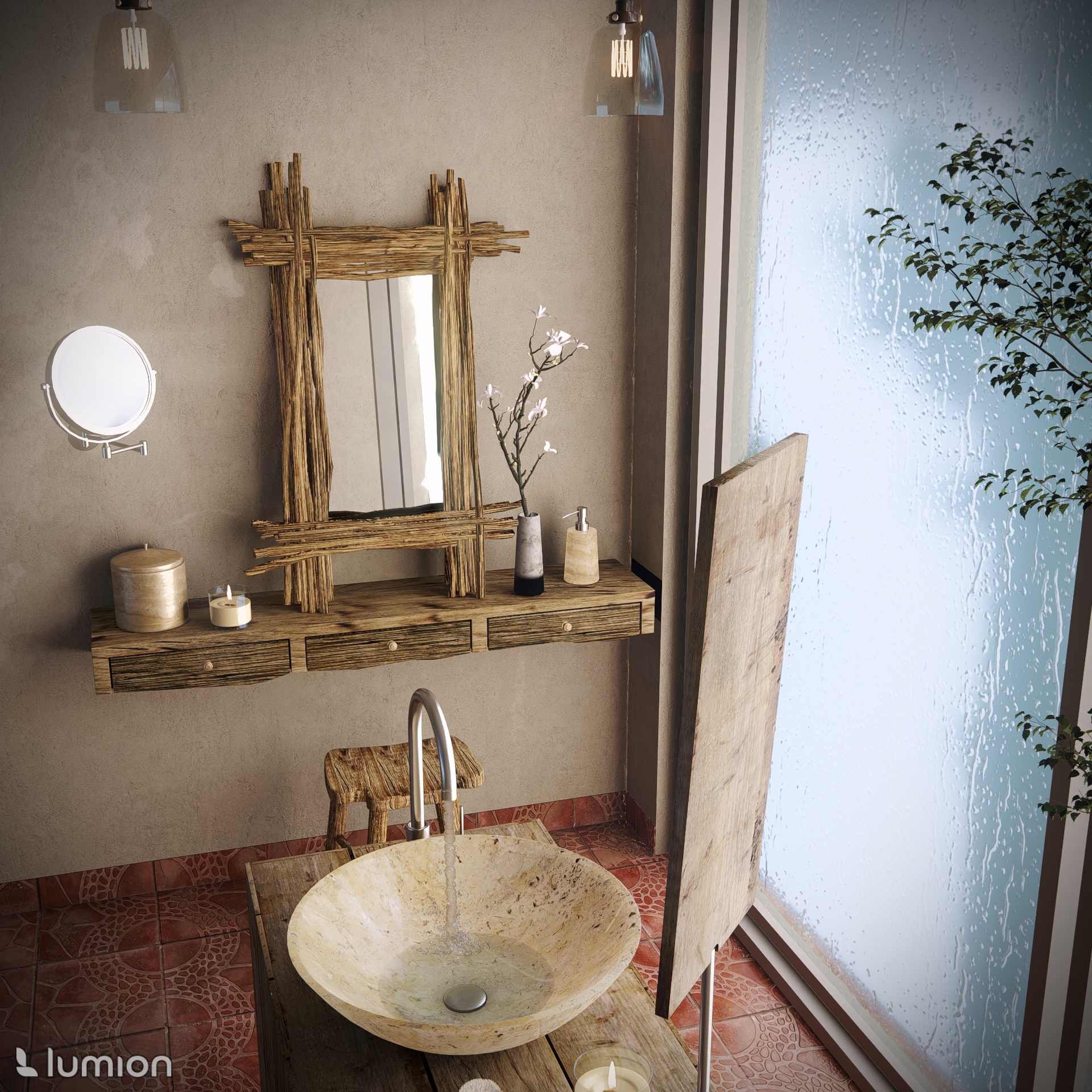Rustikales Badezimmer Raytraced, gerendert in Lumion 2023 © Arch Edwin Rustikales Badezimmer Raytraced, gerendert in Lumion 2023 © Arch Edwin