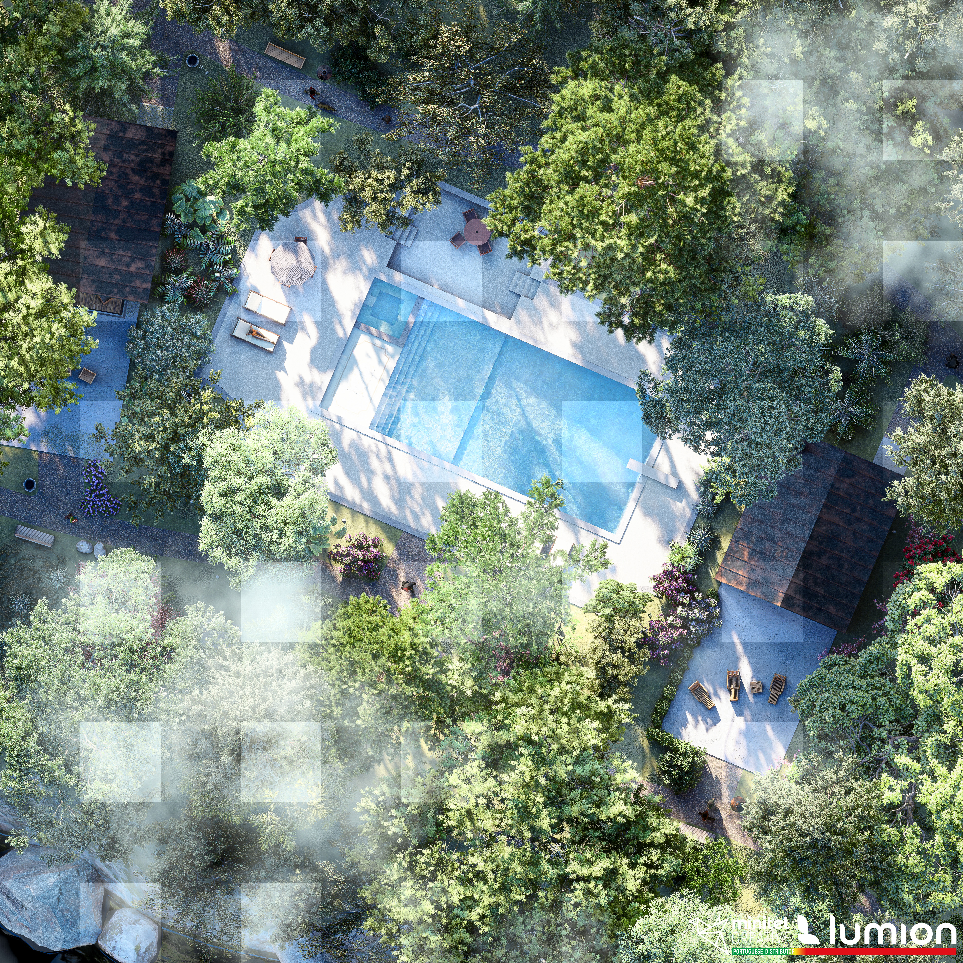 Hüttenpark Draufsicht, gerendert in Lumion 2023 © Carlos Vieira Hüttenpark Draufsicht, gerendert in Lumion 2023 © Carlos Vieira